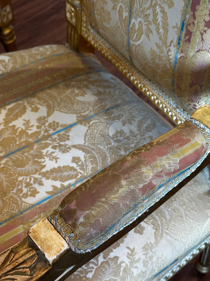 Two Fine French Louis XVI Style Silk-Upholstered Armchairs