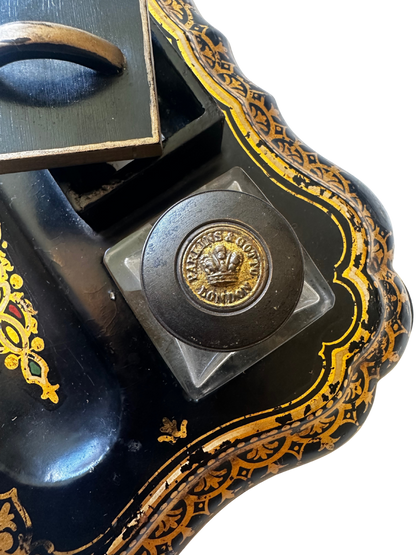 19th C Parkins & Gotto Black Lacquer Victorian Papier Mache Inkwell Set