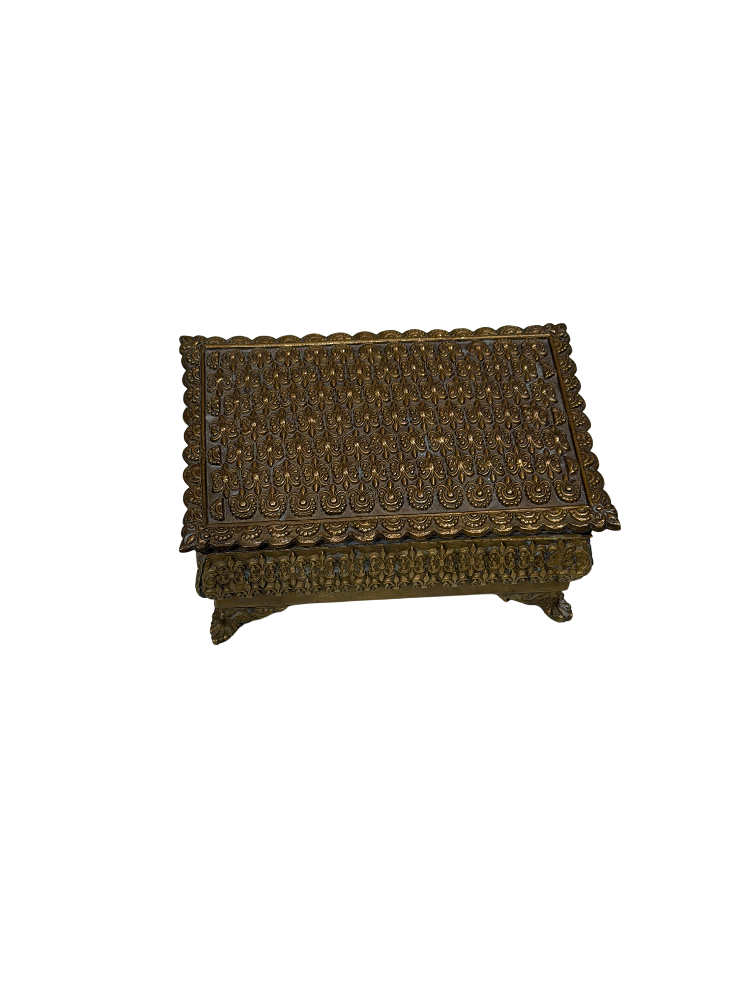 Antique Repoussé Brass Footed Box with Red Velvet Interior