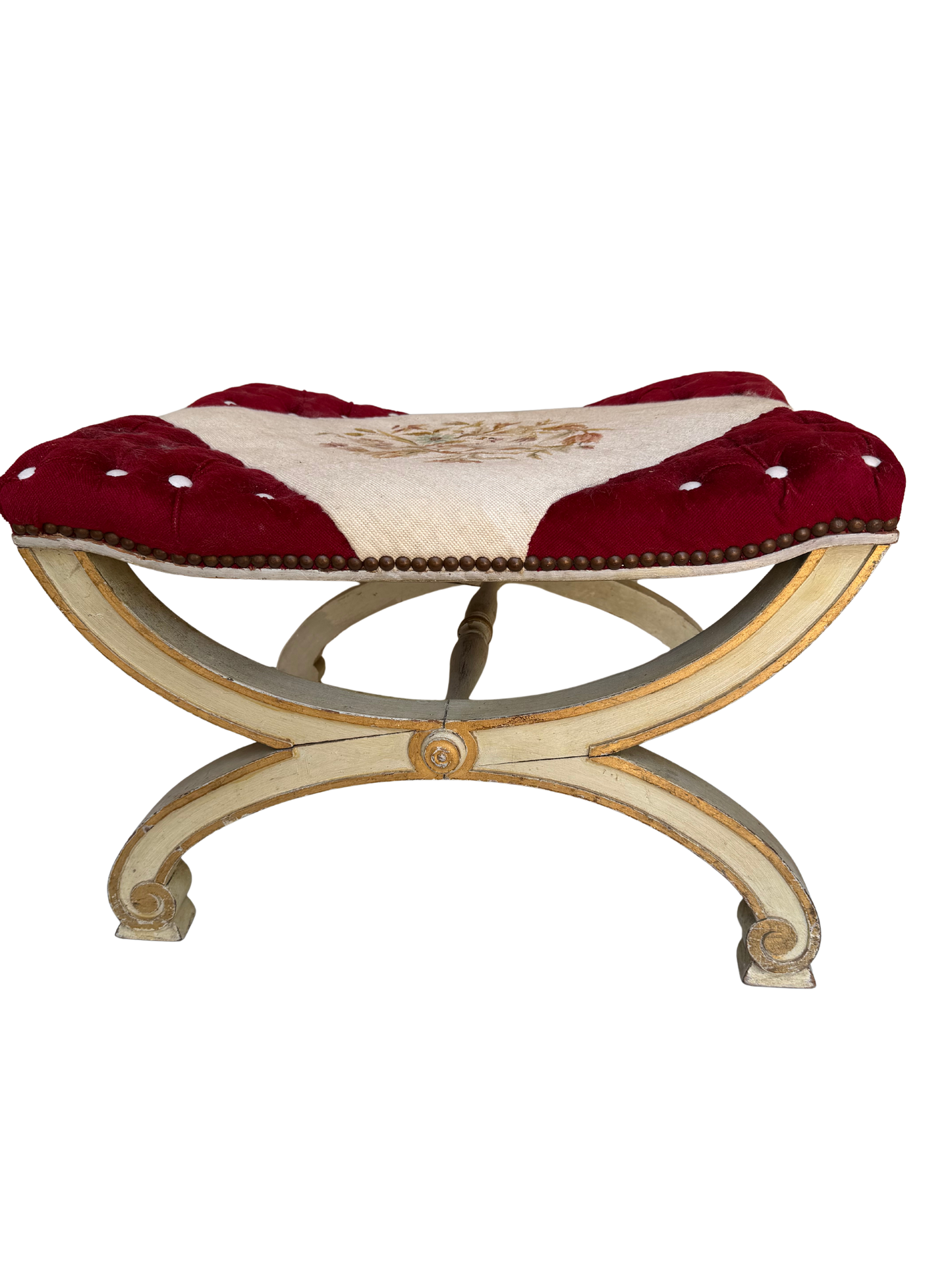 Antique Continental Painted X-Frame Curule Stool with Embroidered & Tufted Velvet Seat, Late 19th Century