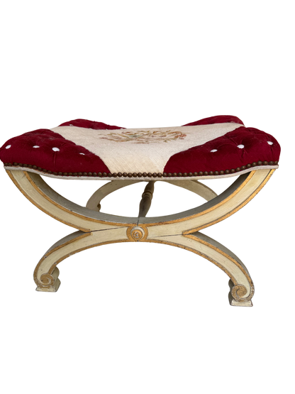 Antique Continental Painted X-Frame Curule Stool with Embroidered & Tufted Velvet Seat, Late 19th Century
