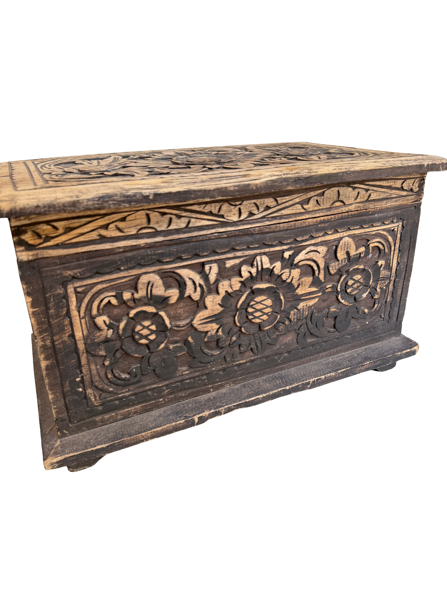 Vintage Indian/Folk Art Hand-Carved Floral Wood Storage Chest with Distressed Ebonized Finish