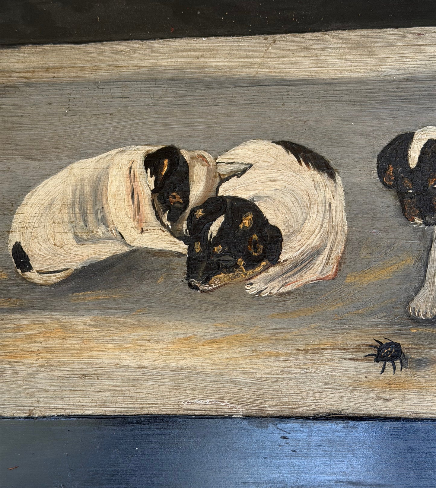 Antique 1896 Folk Art Terrier Puppies Oil Painting on Wood Panel, Signed “Pete”