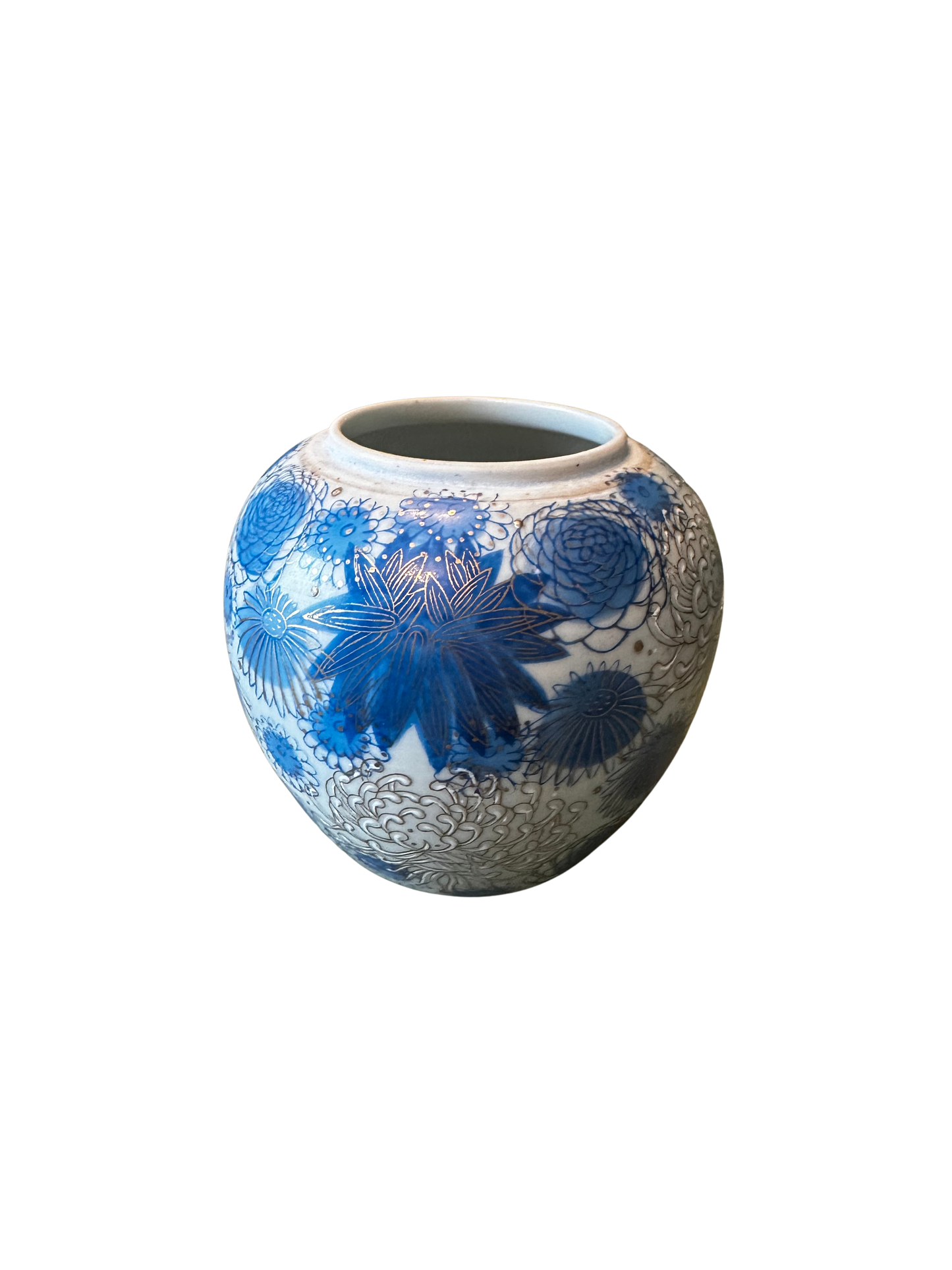 Kuijta Kutani Chrysanthemum Hydrangea Blue and Gold Metallic Trim Japan Vase