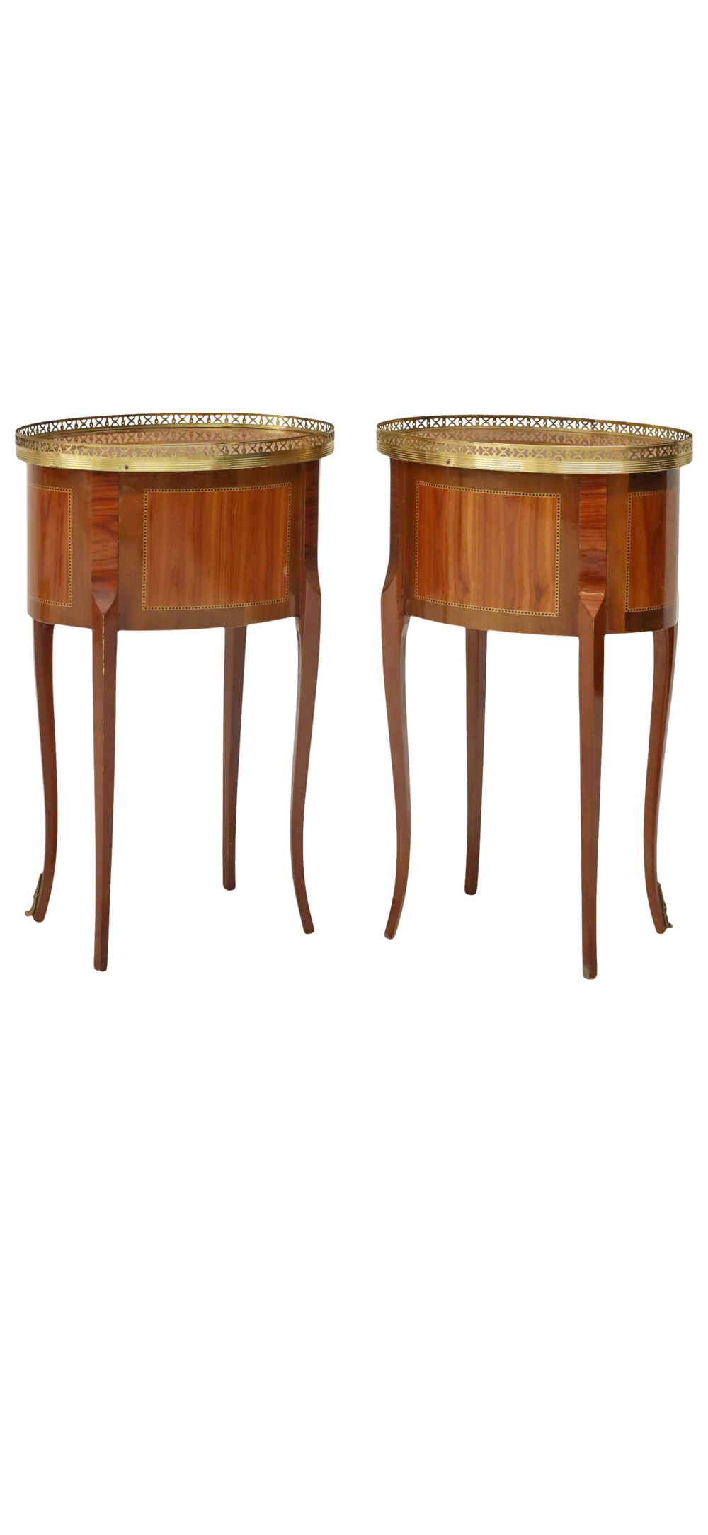 Pair of French Louis XVI-Style Marquetry Bedside Tables with Brass Gallery