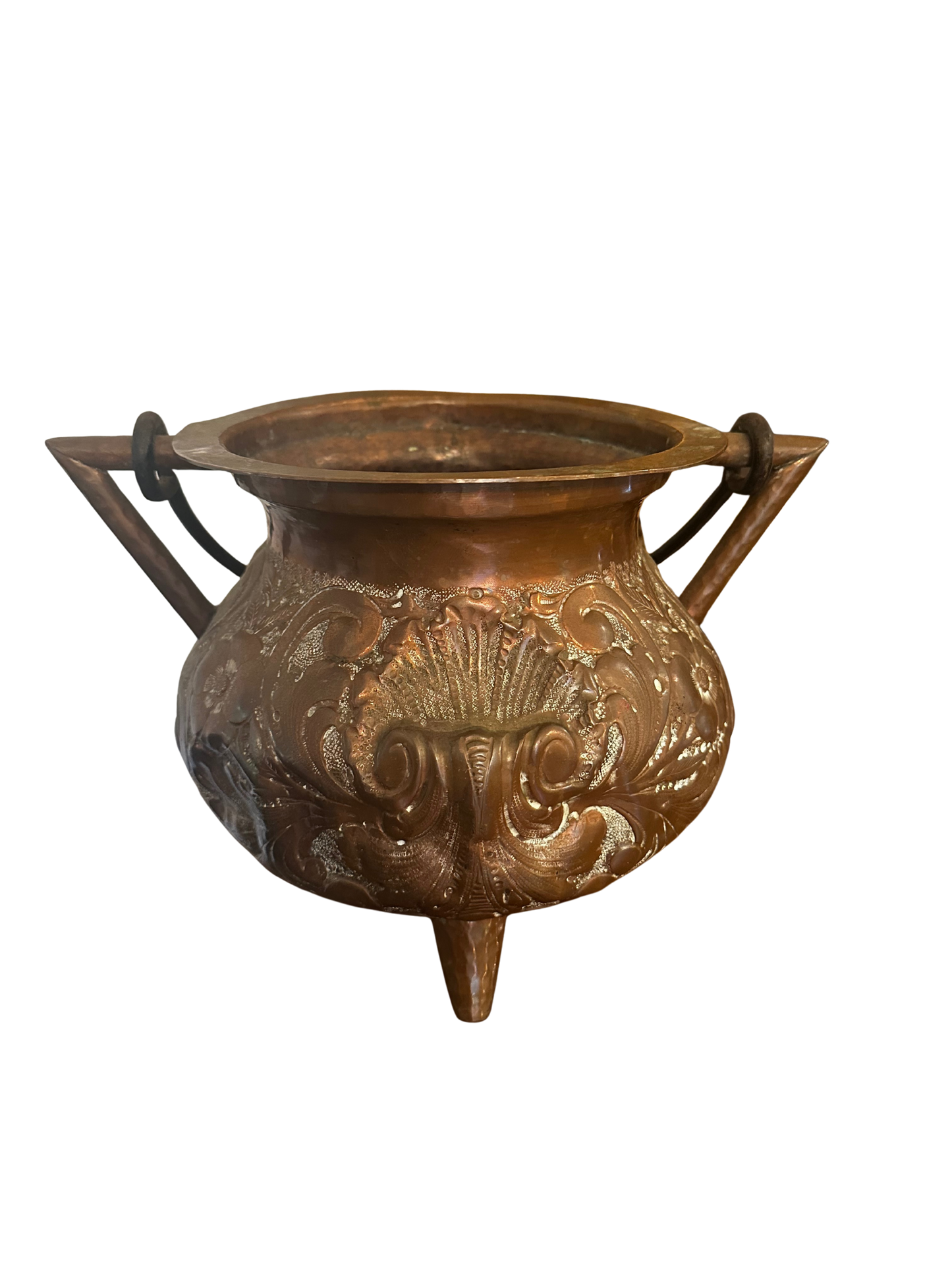 Late 19th/Early 20th C (1880-1910) Three Foot Floral and Scroll Embossed Copper Cauldron with Cast Iron Handle