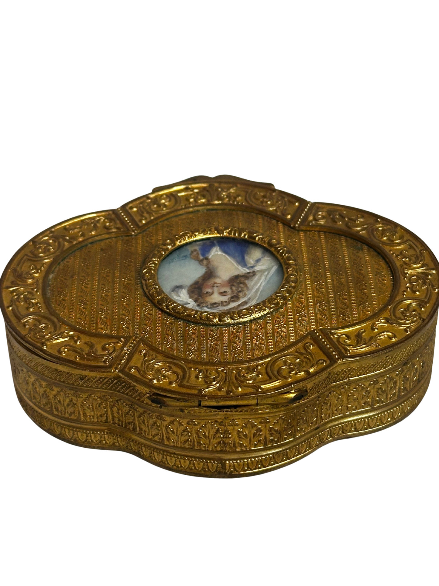 Antique Gilt Metal Clover Shaped Vanity Box with Portrait of a Young Woman