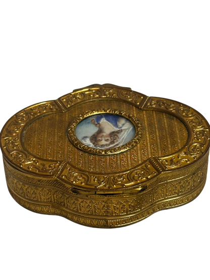 Antique Gilt Metal Clover Shaped Vanity Box with Portrait of a Young Woman