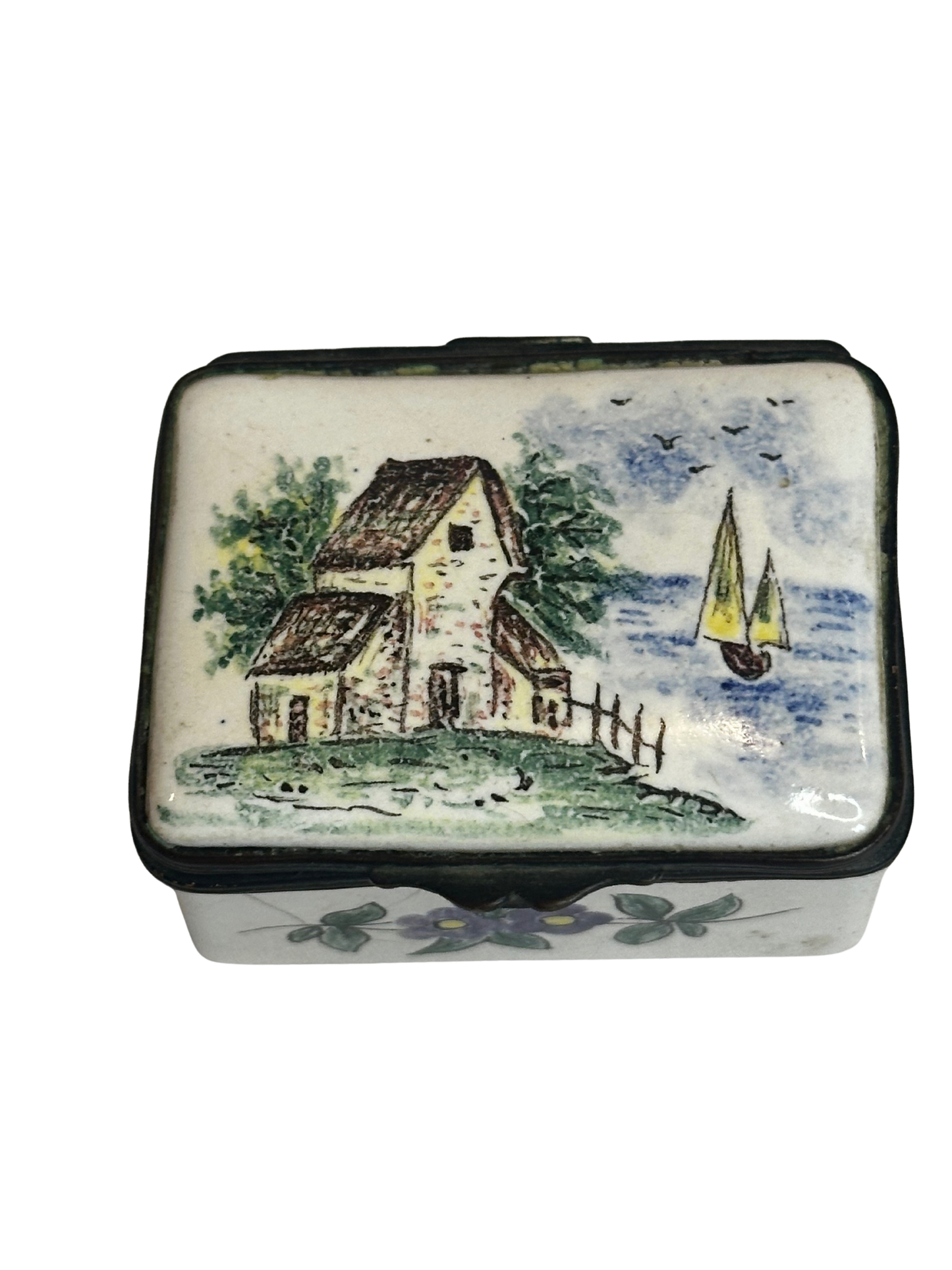 Antique Enamel Rectangular Box with Hand-Painted Pastoral Scene and Floral Decoration