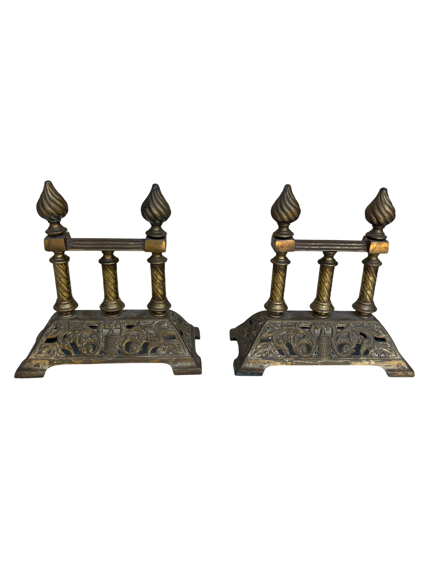 Pair of English Victorian Cast Brass Fireplace Firedogs with Flame Finials, Circa 1880–1900