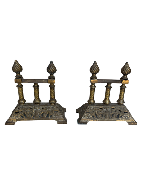 Pair of English Victorian Cast Brass Fireplace Firedogs with Flame Finials, Circa 1880–1900