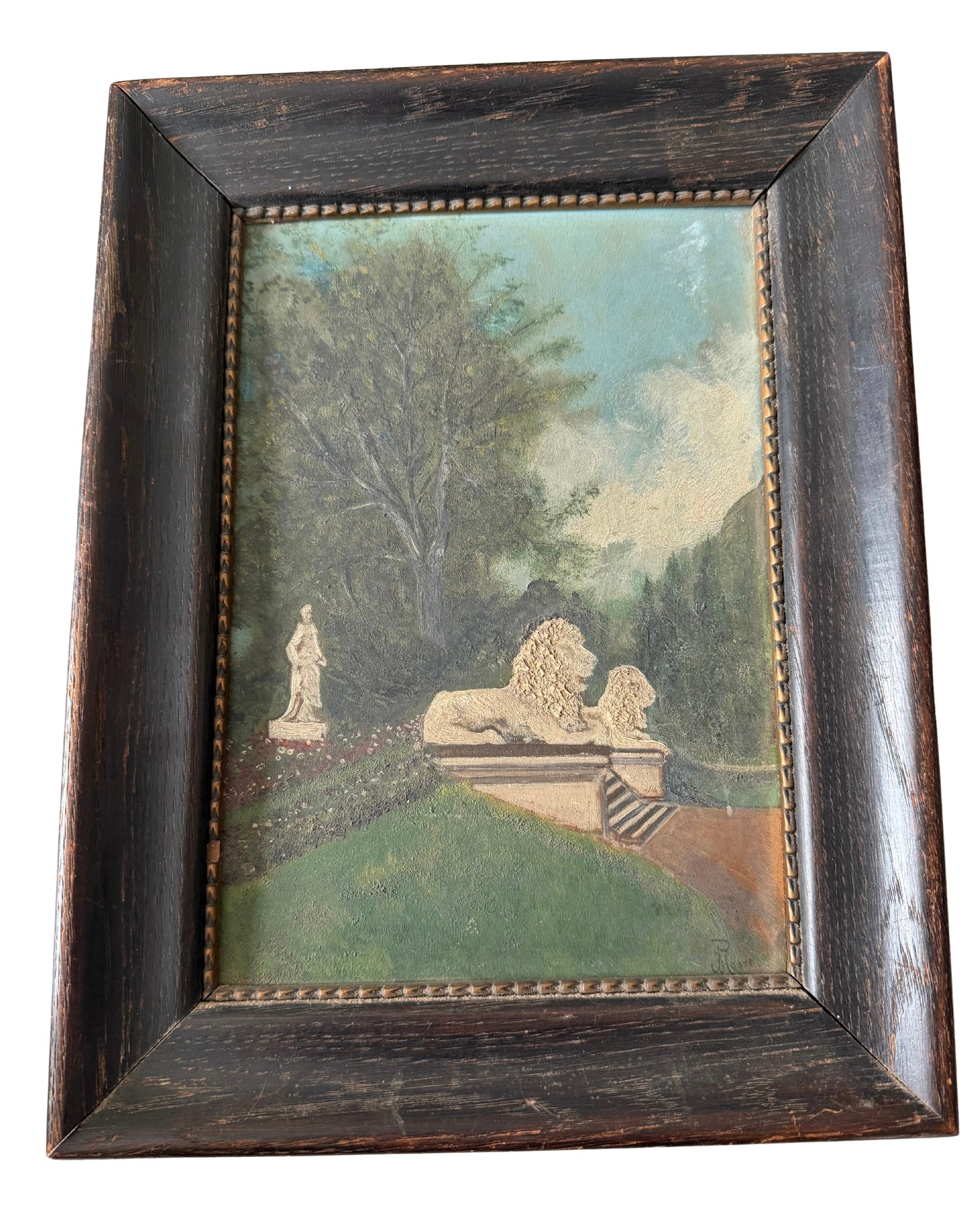 Early 20th-Century European School Formal Garden Landscape with Reclining Lions, Signed “P. Hoote” or Similar