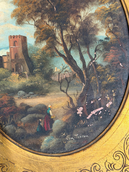 Attributed Otto Van Thoren Oval Landscape Painting with Castle Ruins in Giltwood Frame