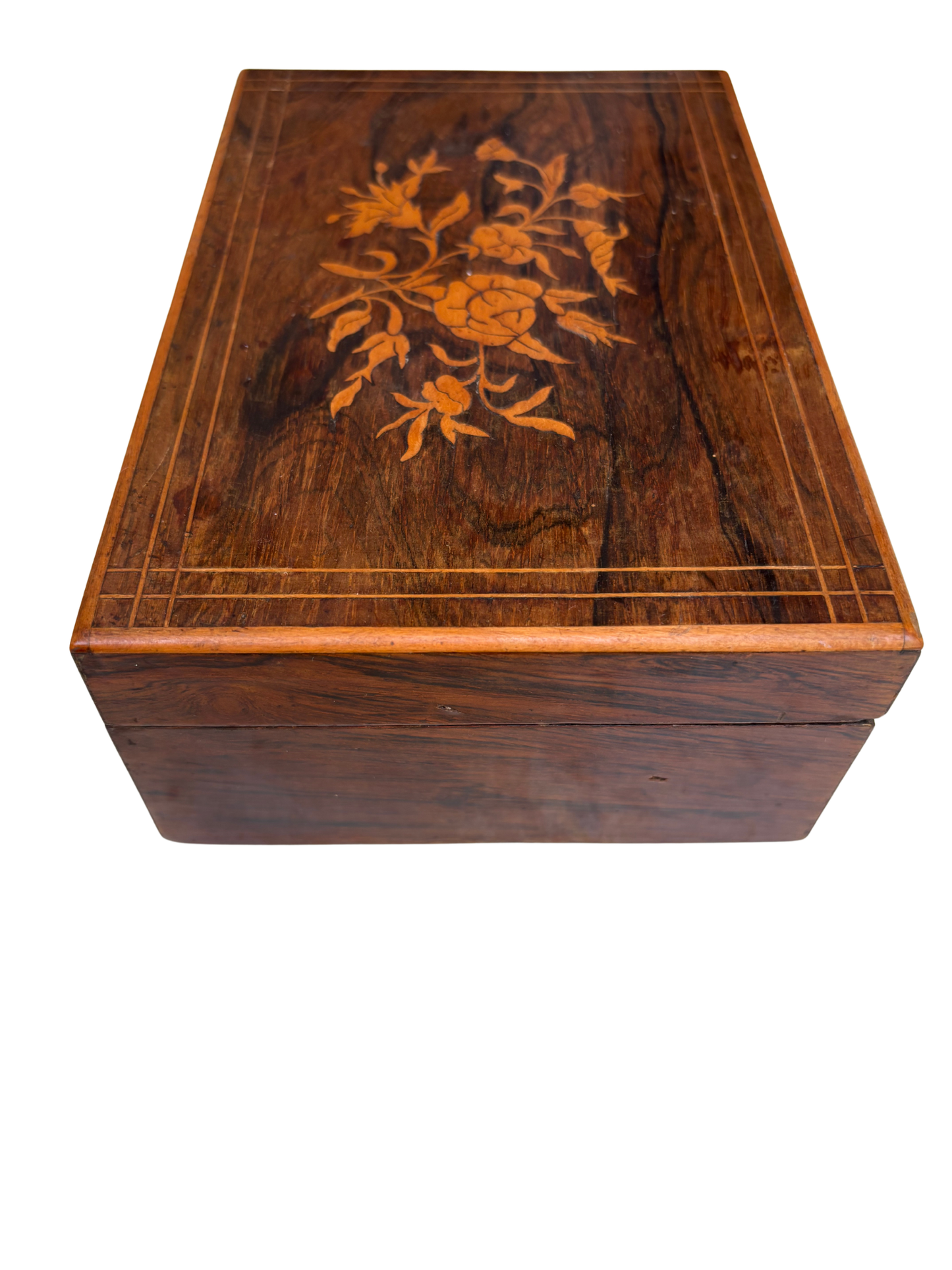 English Regency Rosewood Marquetry Work Box with Floral Inlay and Green Silk Interior, Circa 1820–1840