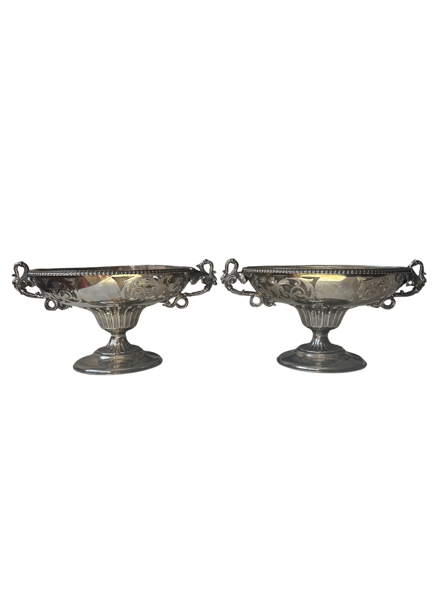 Pair of French Silverplate Pedestal Compotes with Arcoroc Glass Insert and Swan Handles