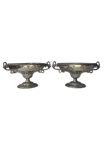 Pair of French Silverplate Pedestal Compotes with Arcoroc Glass Insert and Swan Handles