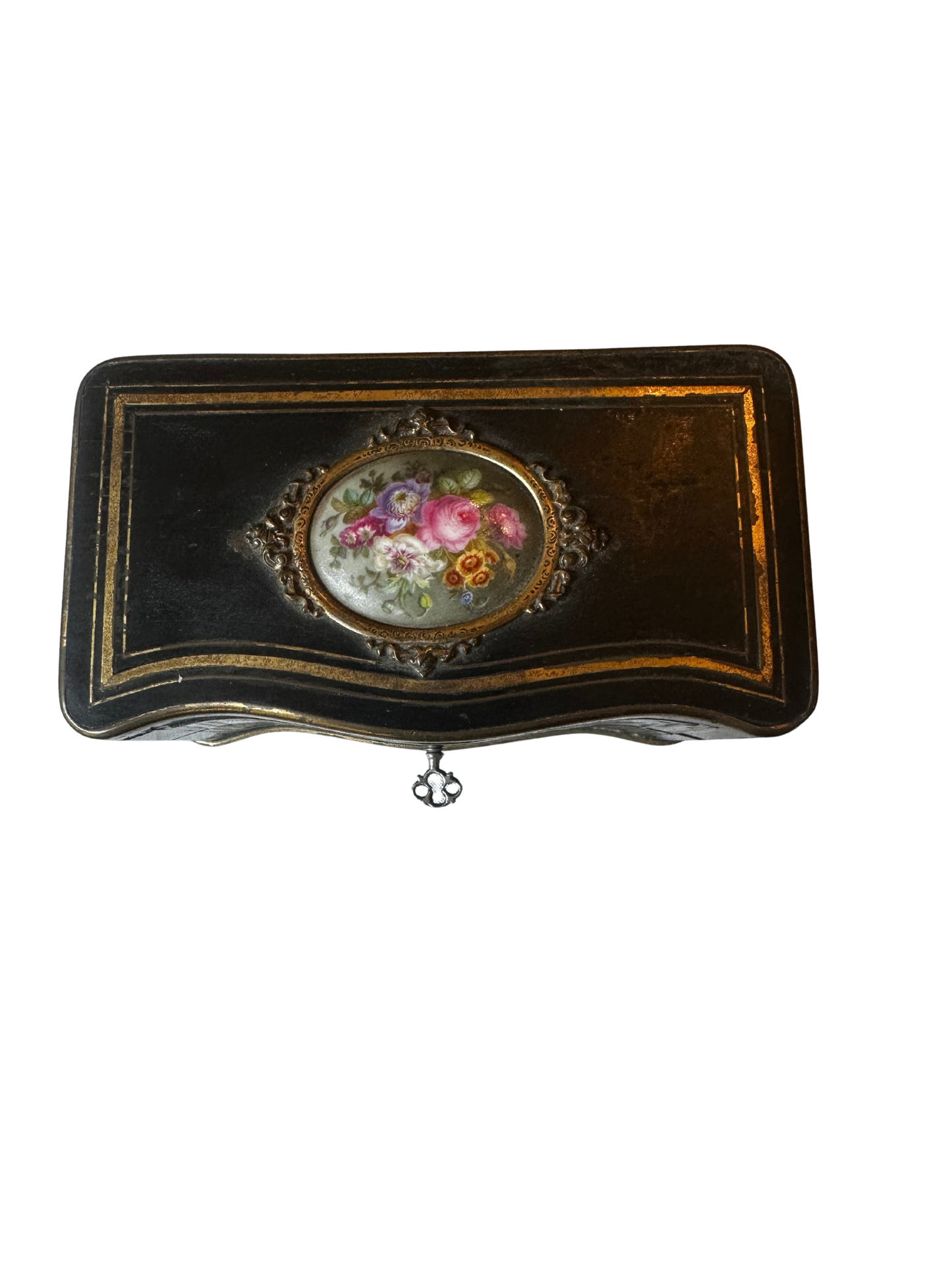 Napoléon III Ebonized Wood Perfume Casket with Painted Floral Plaque and Two Crystal Bottles