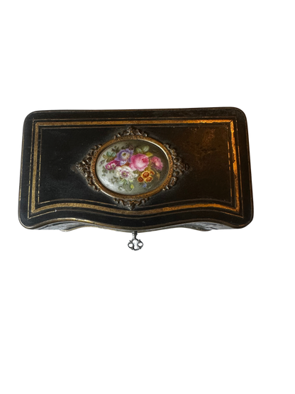 Napoléon III Ebonized Wood Perfume Casket with Painted Floral Plaque and Two Crystal Bottles