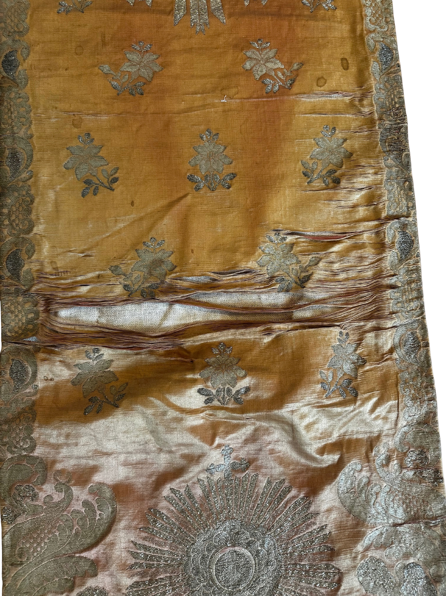 Antique Ecclesiastical Silk Brocade Altar Runner with Monstrance, Angels and IHS Christogram