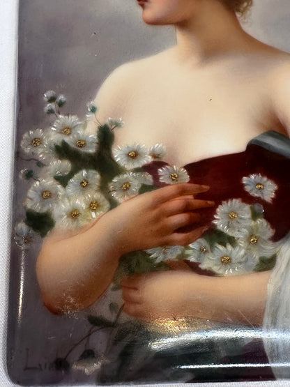 Hand-Painted KPM-Style Porcelain Portrait Plaque of a Woman with Daisies, after Jules Frederic Ballavoine