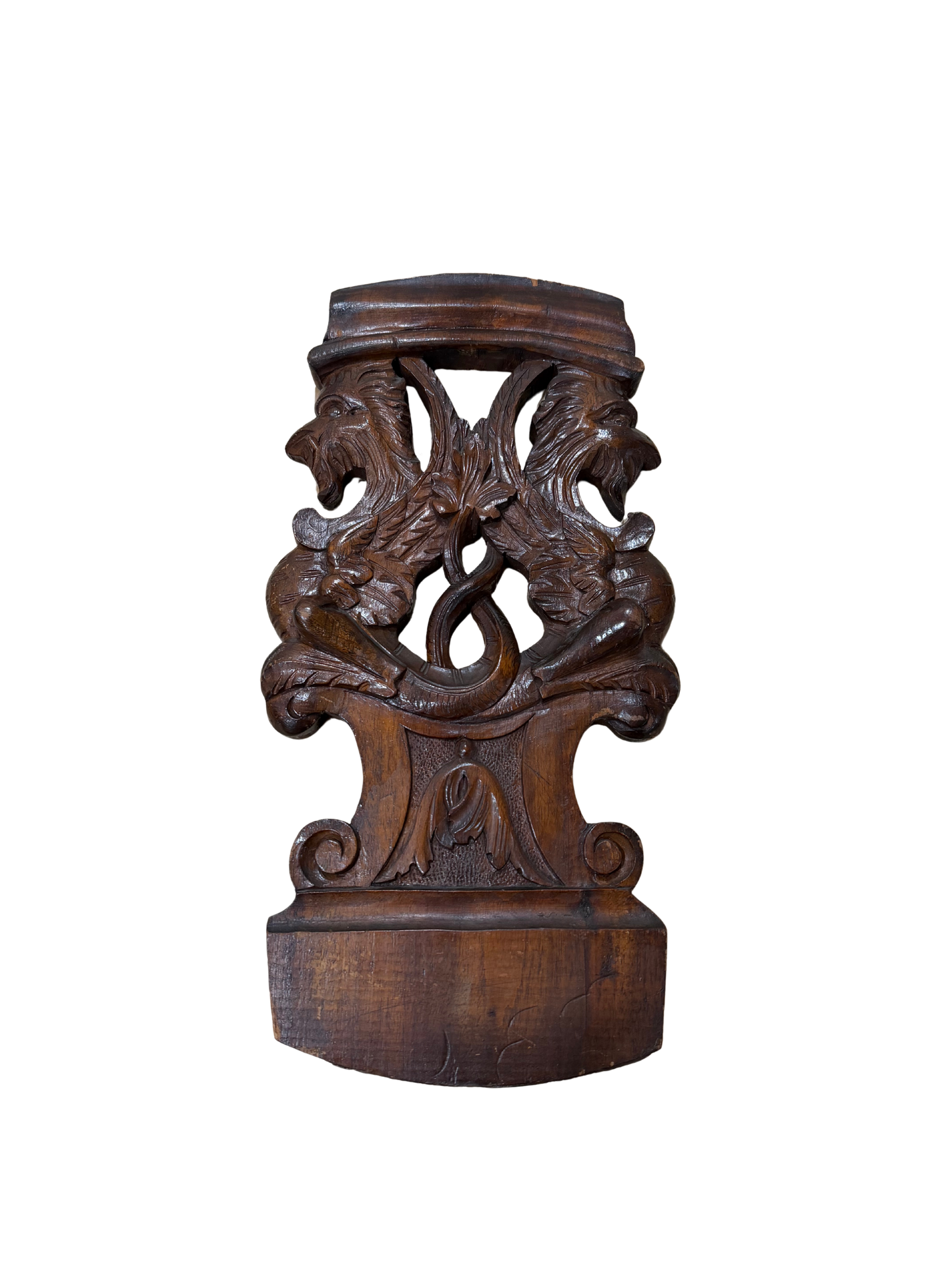 Victorian Gothic Revival Carved Walnut Griffin Corner Chair Back / Architectural Furniture Fragment