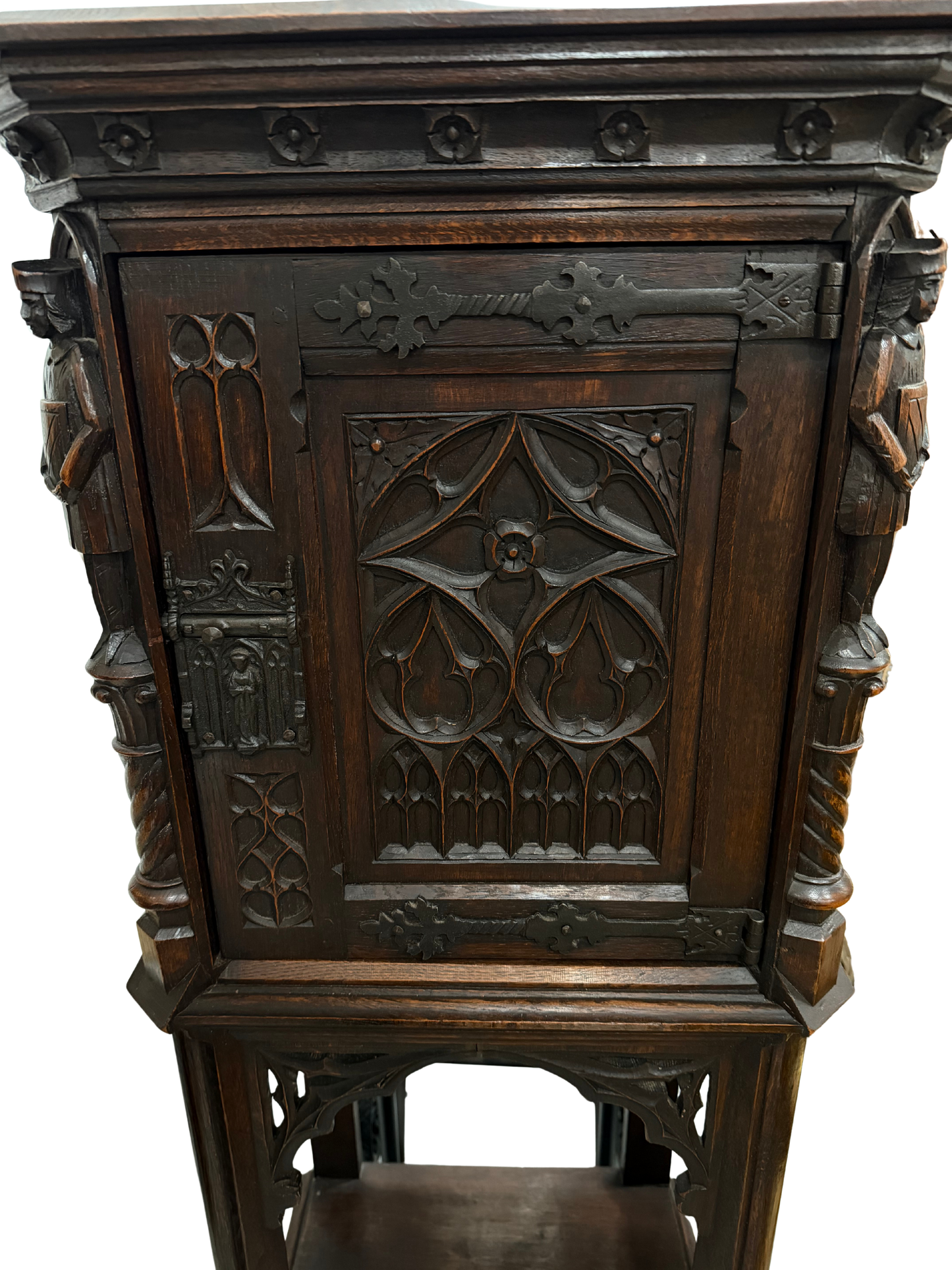 Late 19th Century Gothic Revival Carved Oak Cabinet with Figural Supports
