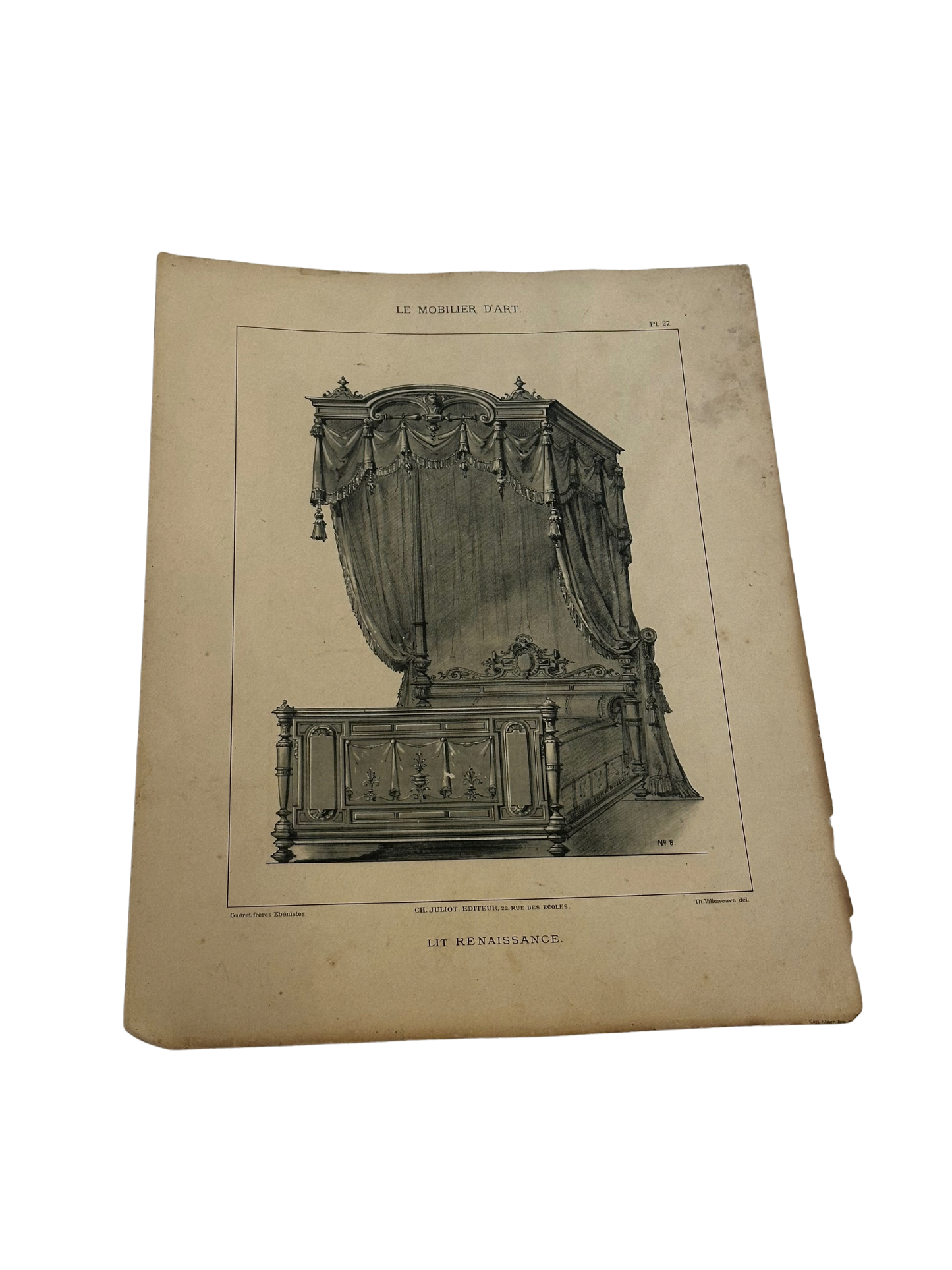 19th-Century French Furniture Design Engraving — Lit Renaissance, Plate 27, Le Mobilier d’Art
