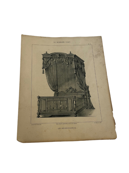 19th-Century French Furniture Design Engraving — Lit Renaissance, Plate 27, Le Mobilier d’Art