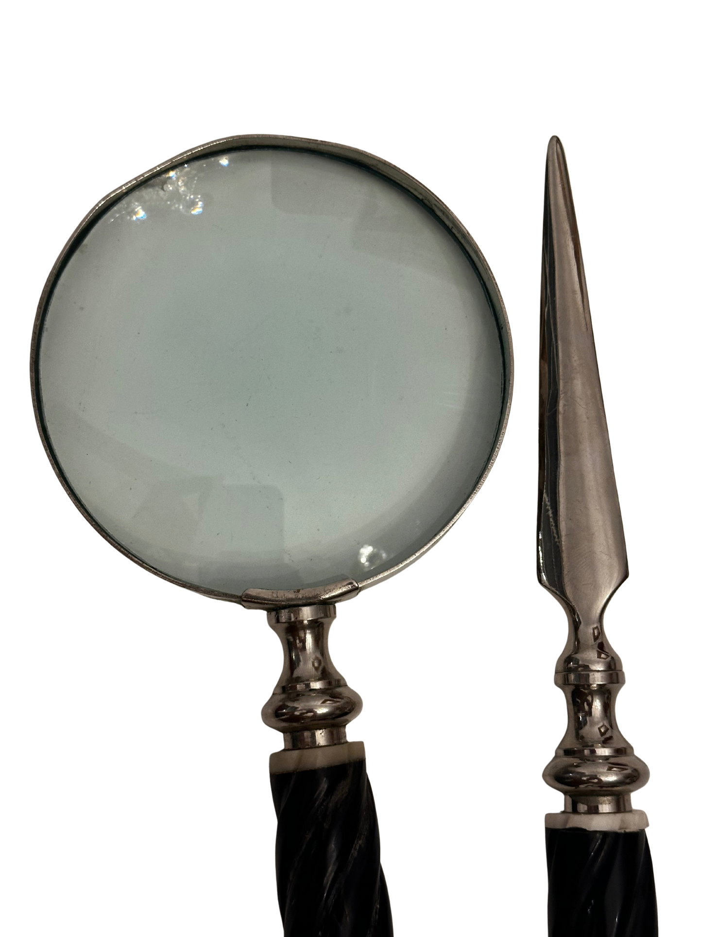 Vintage Desk Set with Magnifying Glass and Letter Opener in Faux Bone and Silverplate