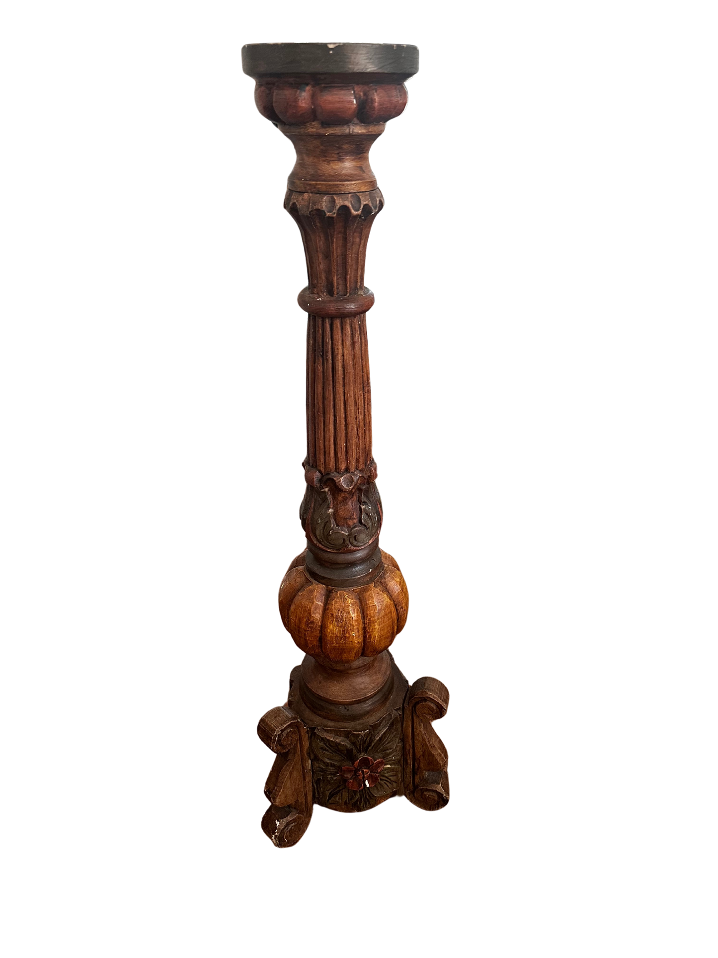 Antique Tall Hand Carved Wooden Pedestal with Polychrome Carved Floral Motif
