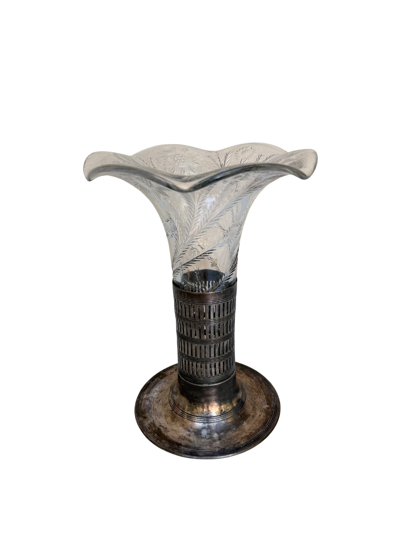 Antique Forbes Silver Co. Silverplate & Etched Glass Trumpet Vase, Circa 1895–1915