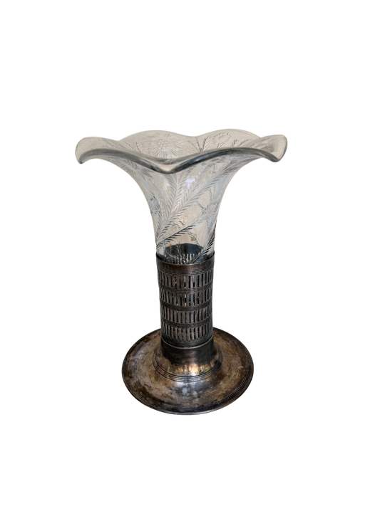 Antique Forbes Silver Co. Silverplate & Etched Glass Trumpet Vase, Circa 1895–1915