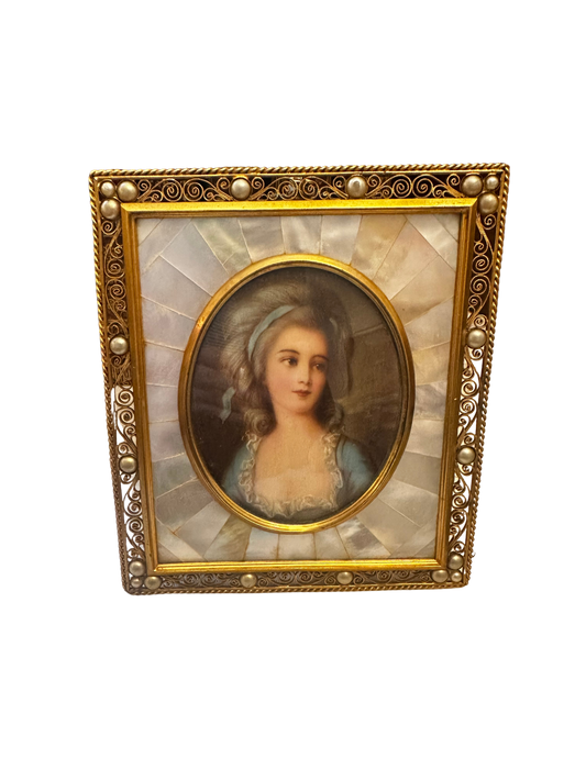 Signed Portrait Miniature of a Rococo Beauty in Mother-of-Pearl Filigree Frame (Countess Sophie)