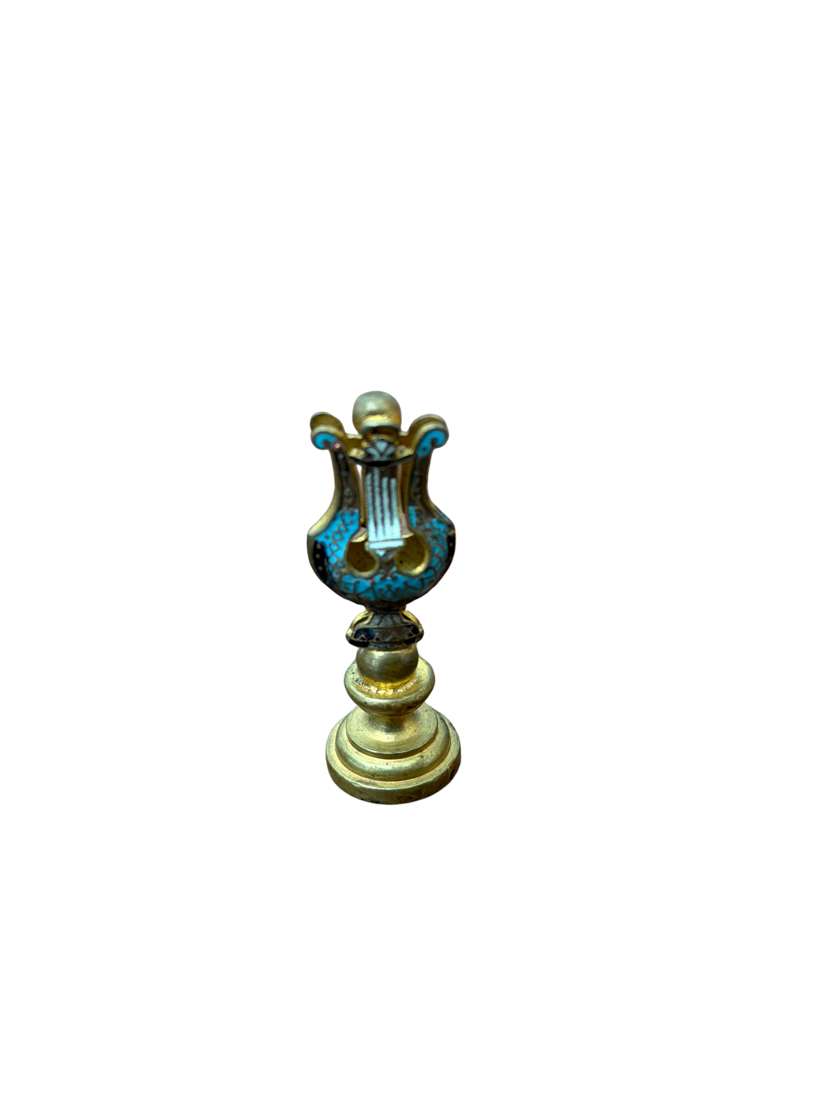 19th Century French Gilt Brass and Enamel Lyre Wax Seal with Monogram