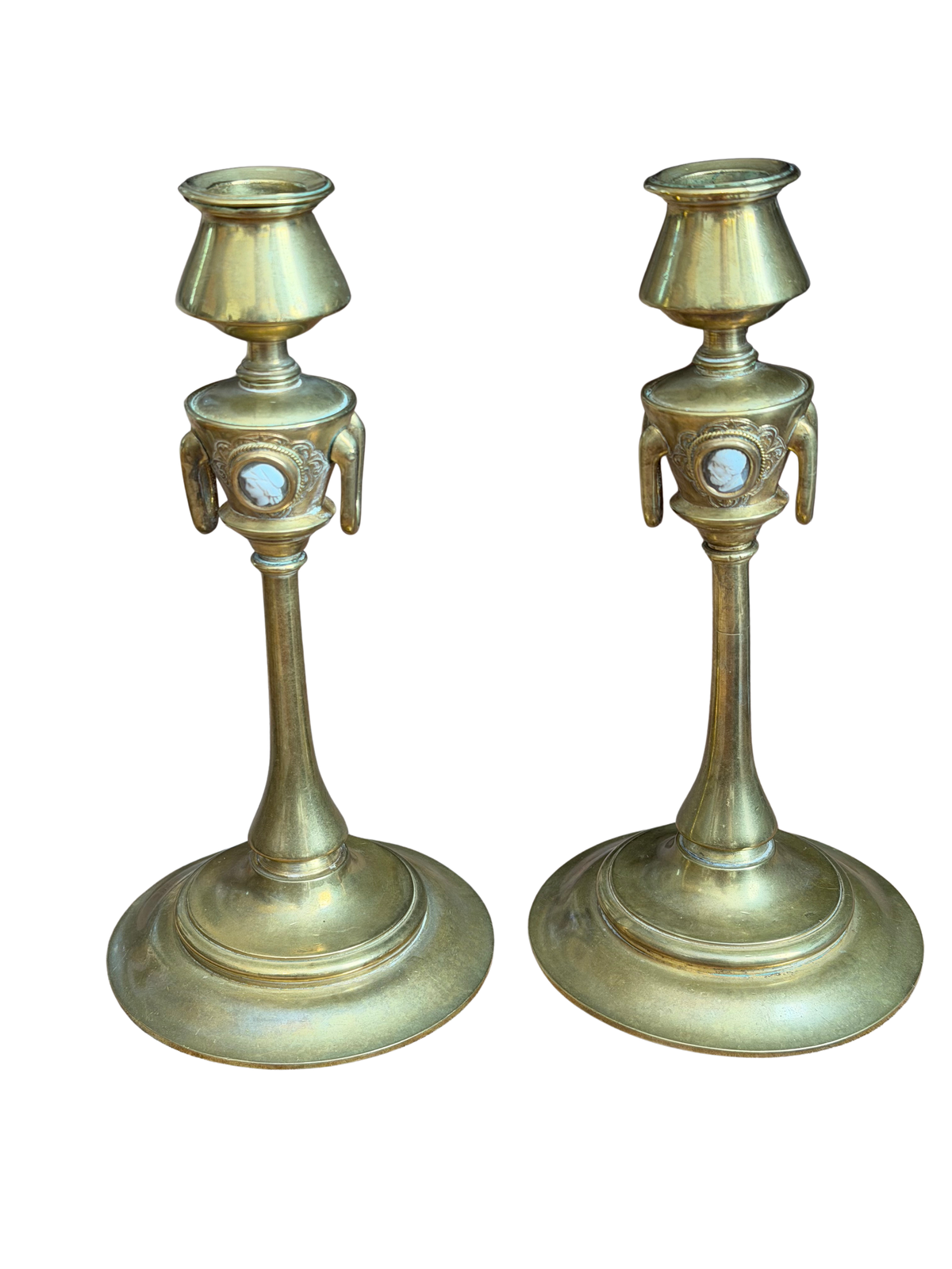 Pair of French Neoclassical Brass and Cameo Candlesticks, circa 1880–1900