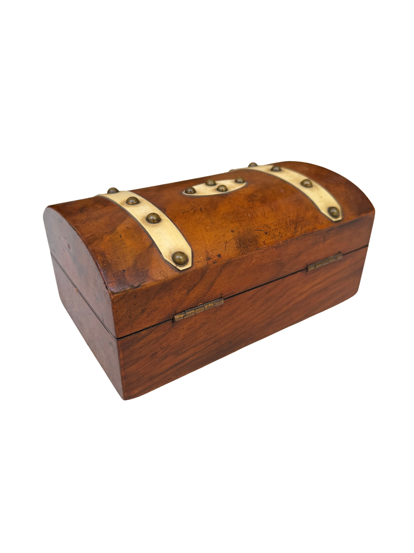 English Walnut Domed Jewelry Box with Bone Escutcheons and SIlk-Lined Interior