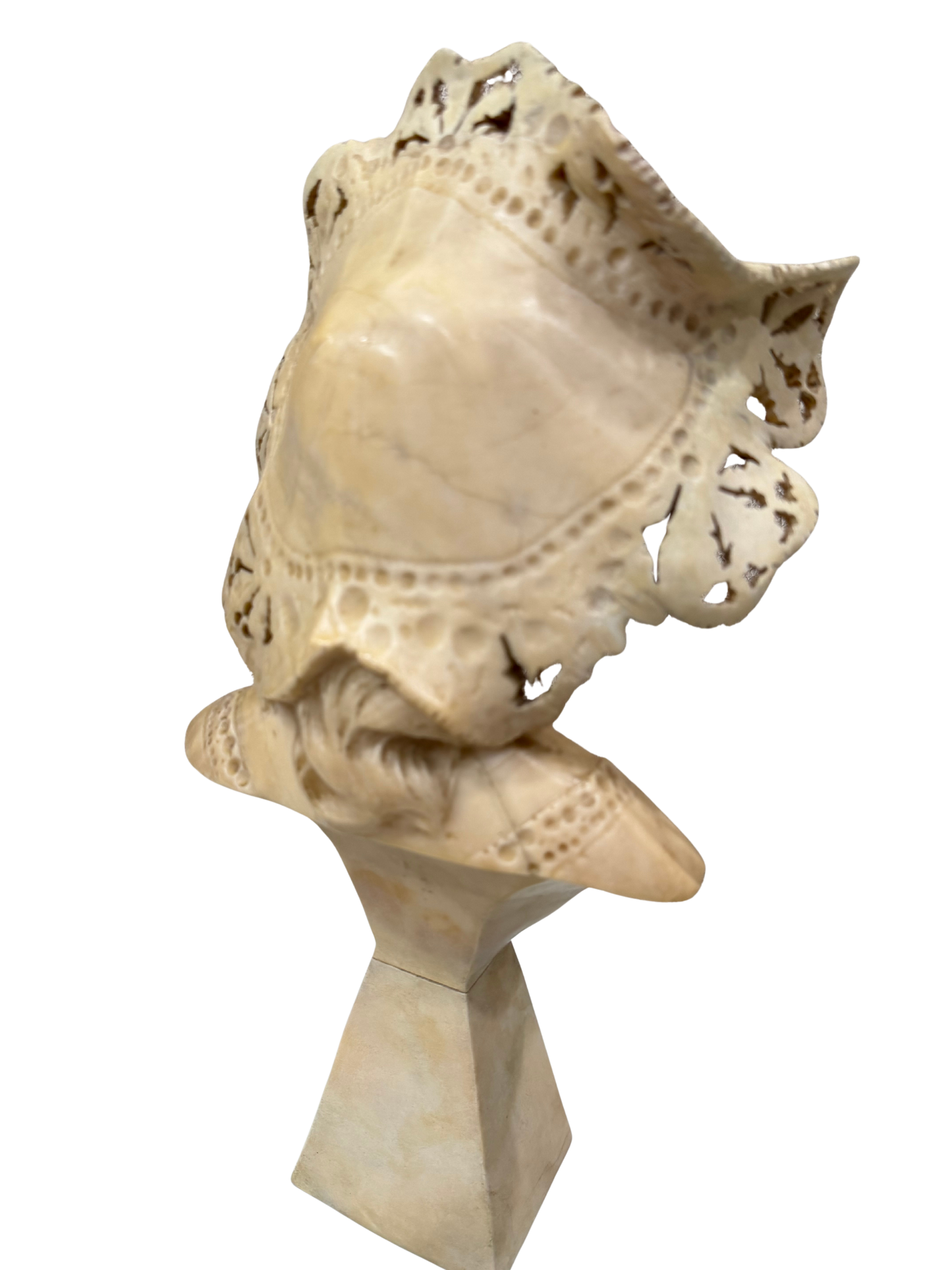 Vintage French-Style Alabaster Composite Maiden Bust with Pierced Lace Bonnet Mid to Late 20th Century