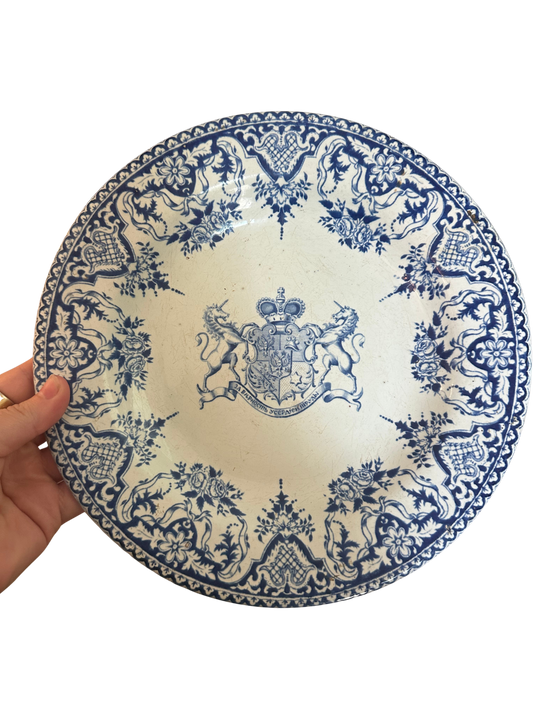 19th Century Gien Faience Blue &amp; White Russian Armorial Plate with Unicorn Supporters