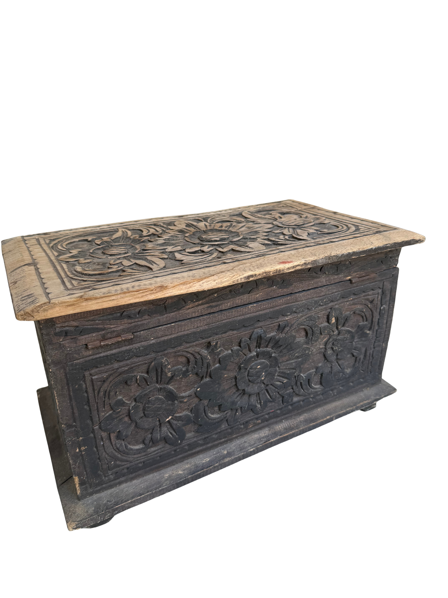 Vintage Indian/Folk Art Hand-Carved Floral Wood Storage Chest with Distressed Ebonized Finish