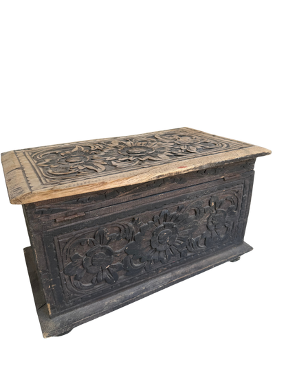 Vintage Indian/Folk Art Hand-Carved Floral Wood Storage Chest with Distressed Ebonized Finish