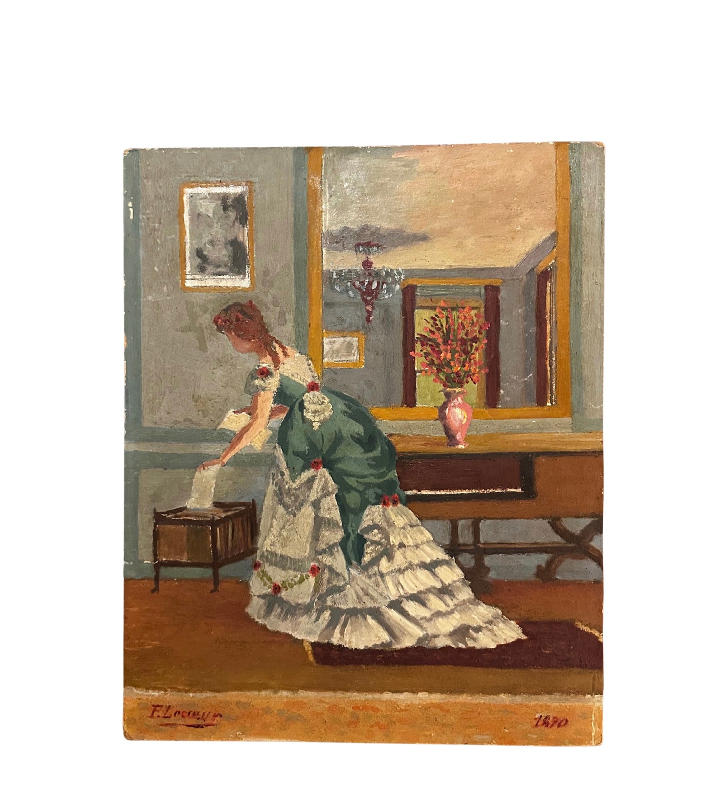 19th C Impressionist French Interior Genre Painting of Woman (Signed F. Lecoeur / Dated 1870)