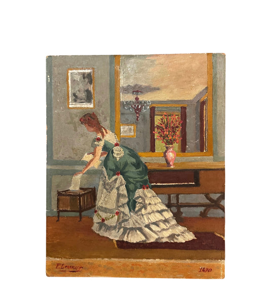 19th C Impressionist French Interior Genre Painting of Woman (Signed F. Lecoeur / Dated 1870)