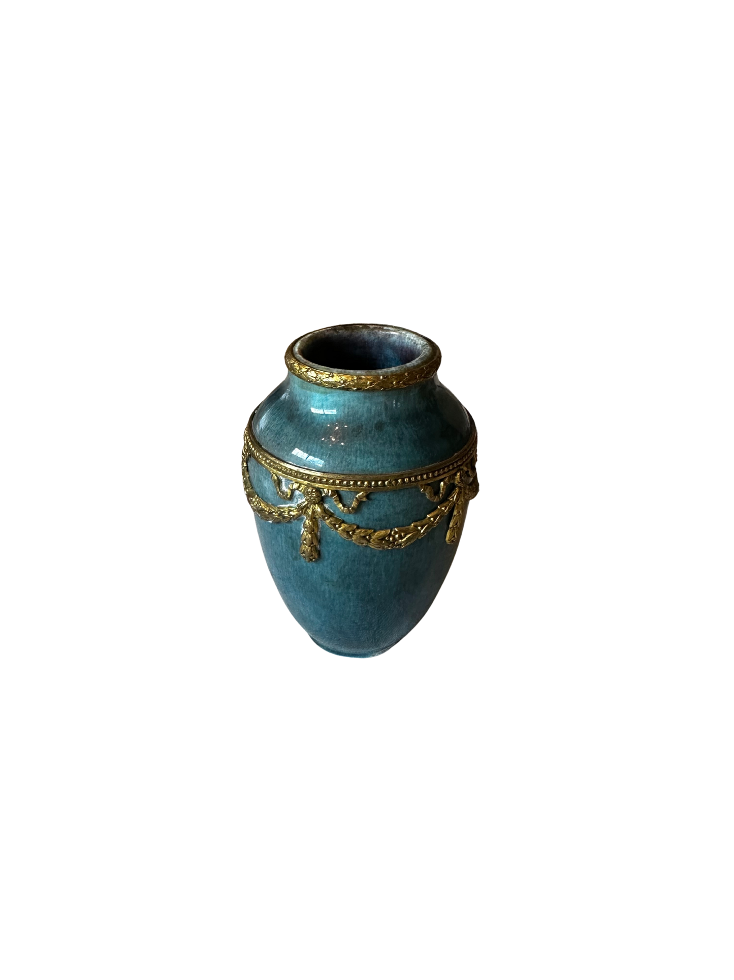 19th C MP Sevres Teal Mini Vase with Ormolu Mounts (Maison Paul Milet 1870-1931)