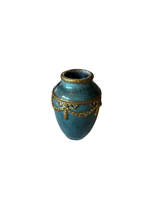 19th C MP Sevres Teal Mini Vase with Ormolu Mounts (Maison Paul Milet 1870-1931)