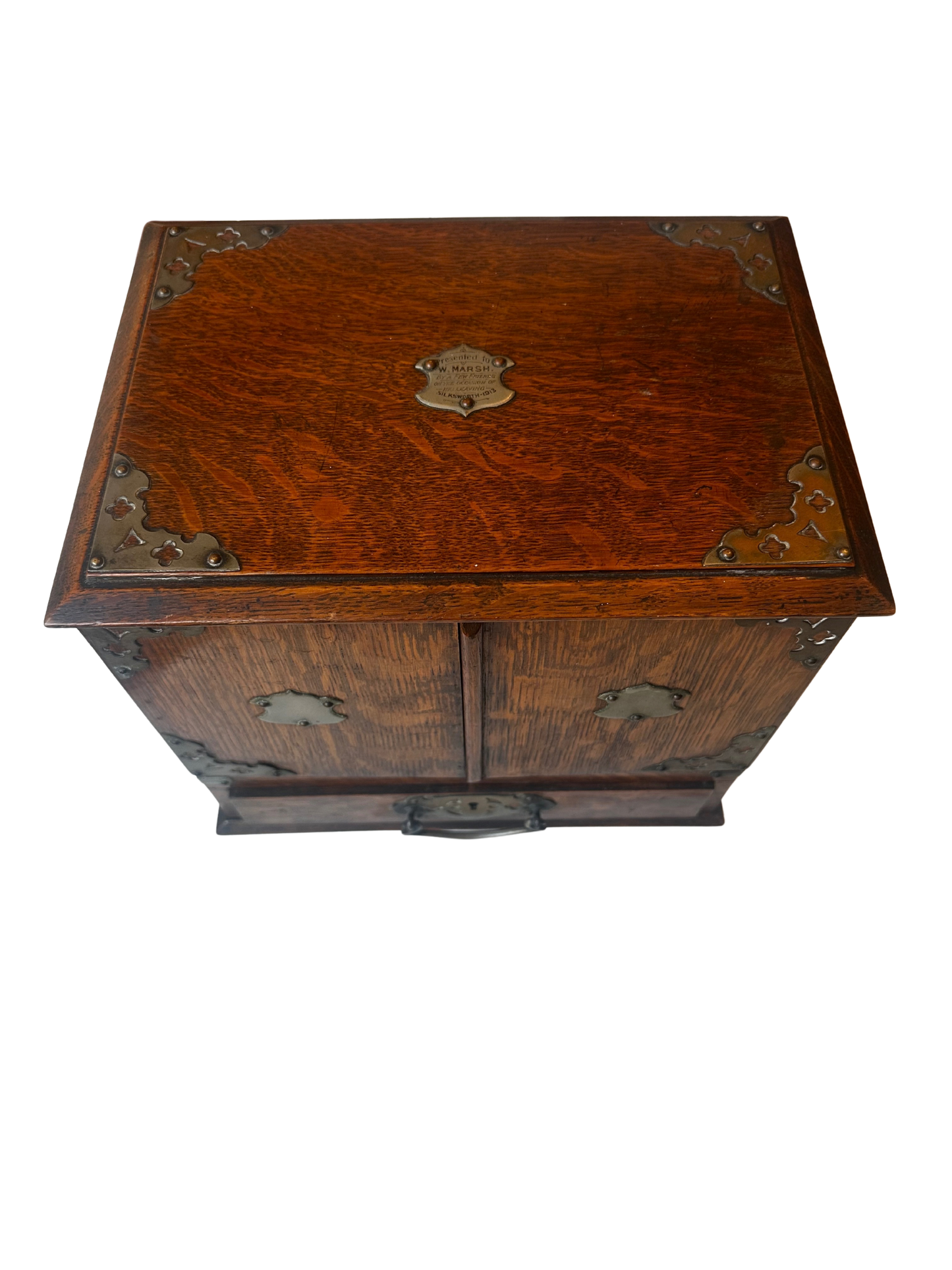 Antique English Oak Writing Compendium Box with Drawers and Presentation Plaque (1913)