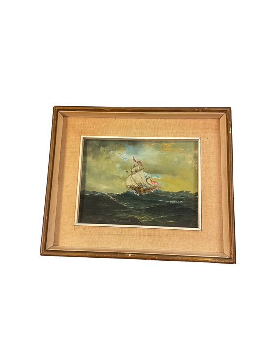 Vintage Oil on Board of Seascape with Boat on Treacherous Waters (Ravenna; Signed R. Riveri?)