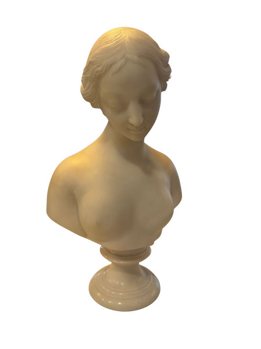 Signed “Pugi” Italian Alabaster Bust of a Young Woman on Marble Plinth