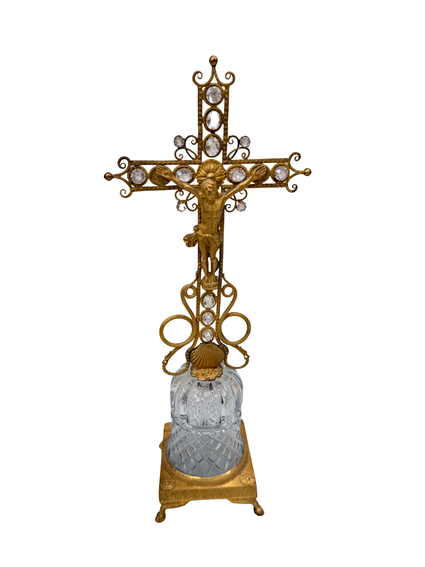 French Empire-Style Jeweled Crucifix on Crystal Pedestal
