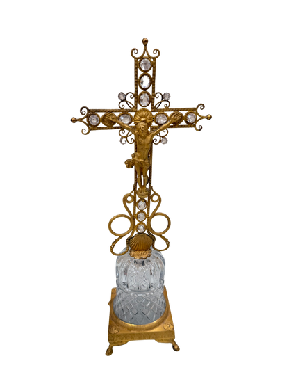French Empire-Style Jeweled Crucifix on Crystal Pedestal