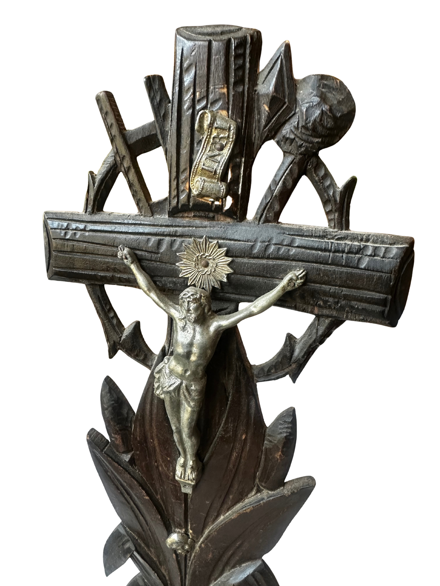 Black Forest–Style Carved Wooden Crucifix with Silverplate Corpus